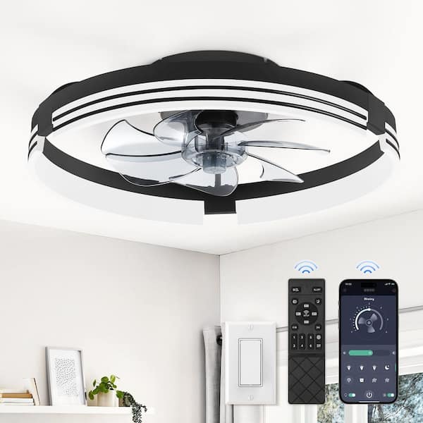 20 in. Smart Indoor Black Dimmable Fandelier LED Light Flush Mount Low Profile Ceiling Fan with Light and Remote Control