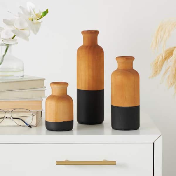 Litton Lane Brown Wood Decorative Vase with Black Bases (Set of 3)