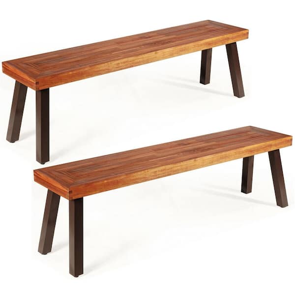 ANGELES HOME 59 in. L 2-Person Natural Wood Backless Outdoor Picnic Bench with Metal Legs, 2-Piece