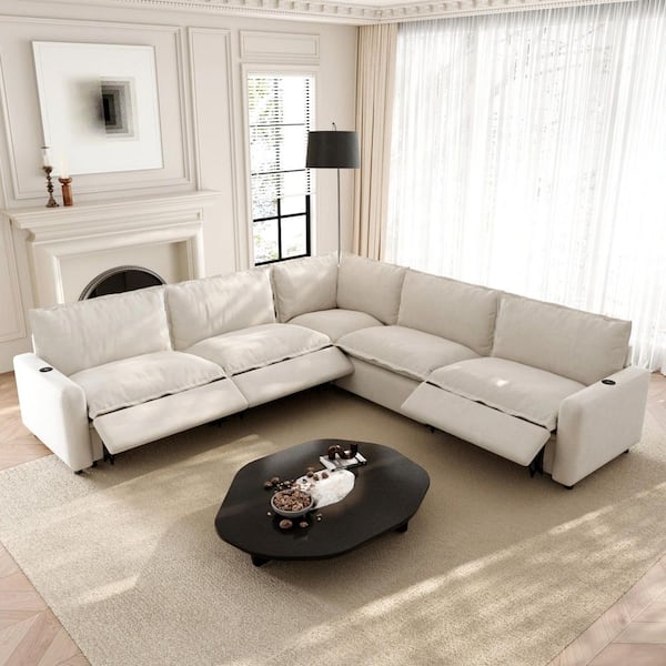 Power Recliner 107 in. Square Arm Beige Linen 5-Pieces L-Shape Modular Sectional Sofa with Heat,USB and Type-C Ports