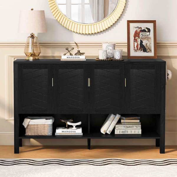 Black MDF Wood Buffet with 4-Doors, Double Hooks, Open Shelf and 2-Tiers Adjustable Shelves