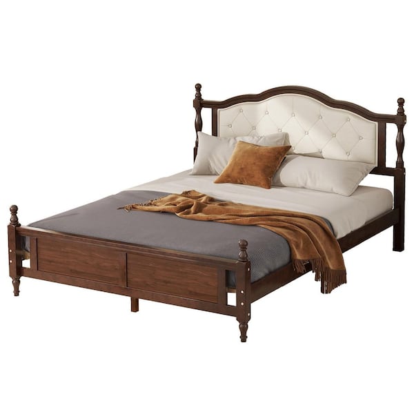 Walnut Brown Wood Frame Queen Size Platform Bed with Upholstered Headboard and Panel Footboard, 2 Bed Rail Support Feet