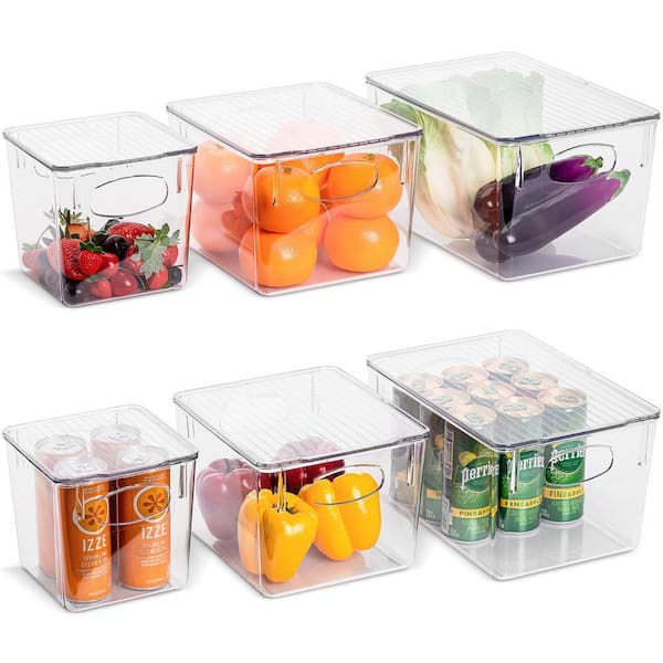 6-Pack Clear Plastic Stackable Pantry Organizer Set Storage Bins with Lid for Fridge