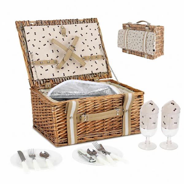 Beige Flower Willow Wicker Picnic Basket Set for 2 with Insulated Cooler Bag and Waterproof Blanket