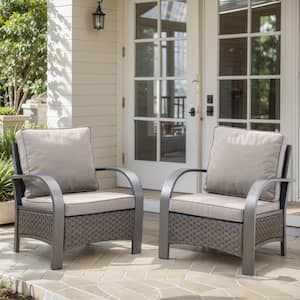 Porch Brown Wicker Outdoor Lounge Chair with Beige Cushions and Curved Metal Armrest (2-Pack)