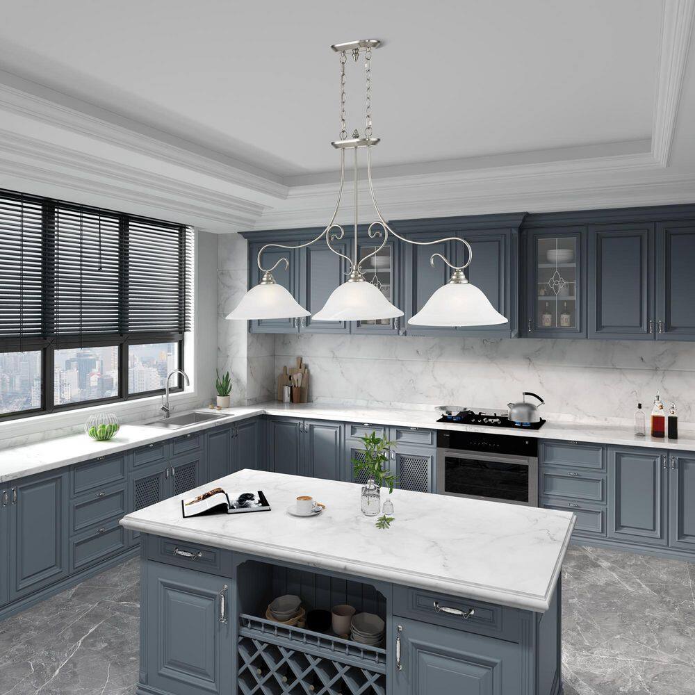 Brushed Nickel 3-Light Linear Chandelier with Alabaster Glass