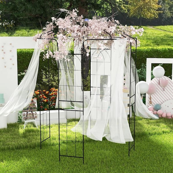 114 in. Metal Arch Trellis for Climbing Plants, French Style Pergola Pavilion Garden Arbor for Wedding Ceremony, Black