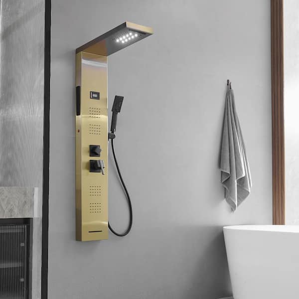 Dual 4-in-1 4-Jet Rainfall Shower Panel System with Rainfall Waterfall ShowerHead, Shower Wand, LED light in Black Gold