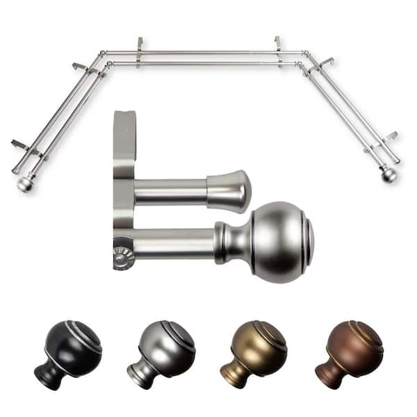 EMOH Miyaki 20-36 in. sides, 38-72 in. center Adjustable Bay Window Double Curtain Rod 13/16 in. in Satin Nickel with Finial
