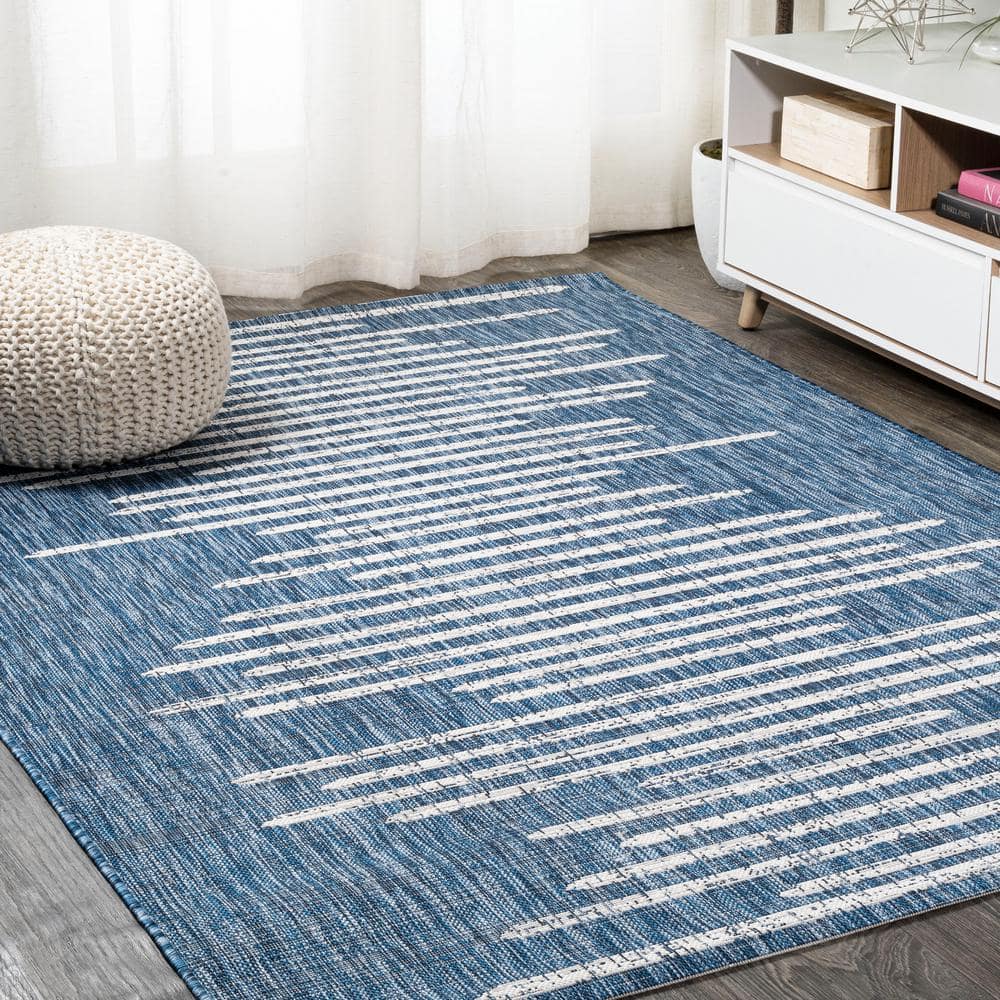 Bohemian Stripe Blue and Ivory Synthetic Area Rug 5' x 8'