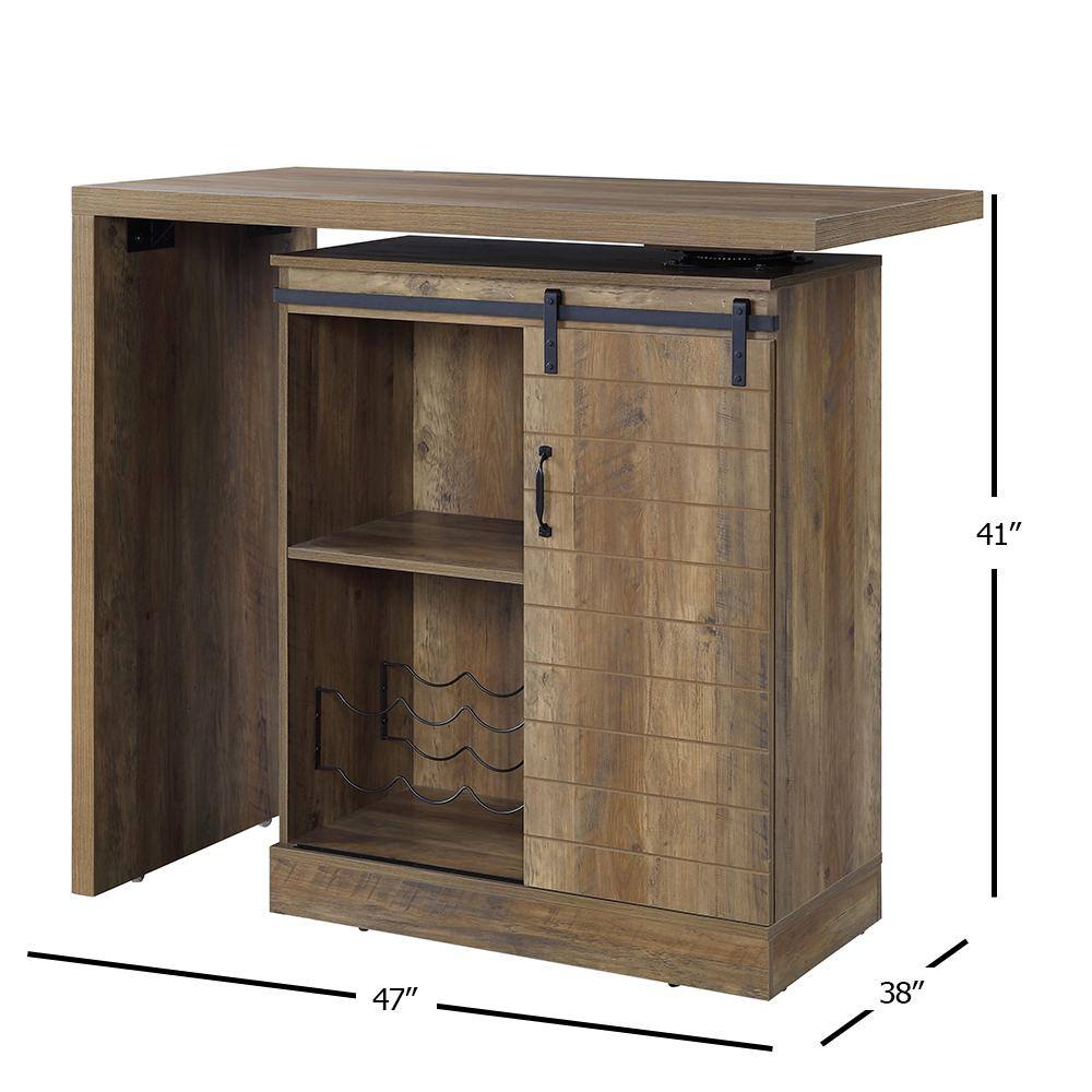 Rustic Oak Farmhouse-Industrial Bar Table with Swivel Top and Wine Rack