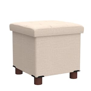 15 in. Wood Outdoor Ottoman with Storage for Living Room, Comfortable Seat with Lid, Beige