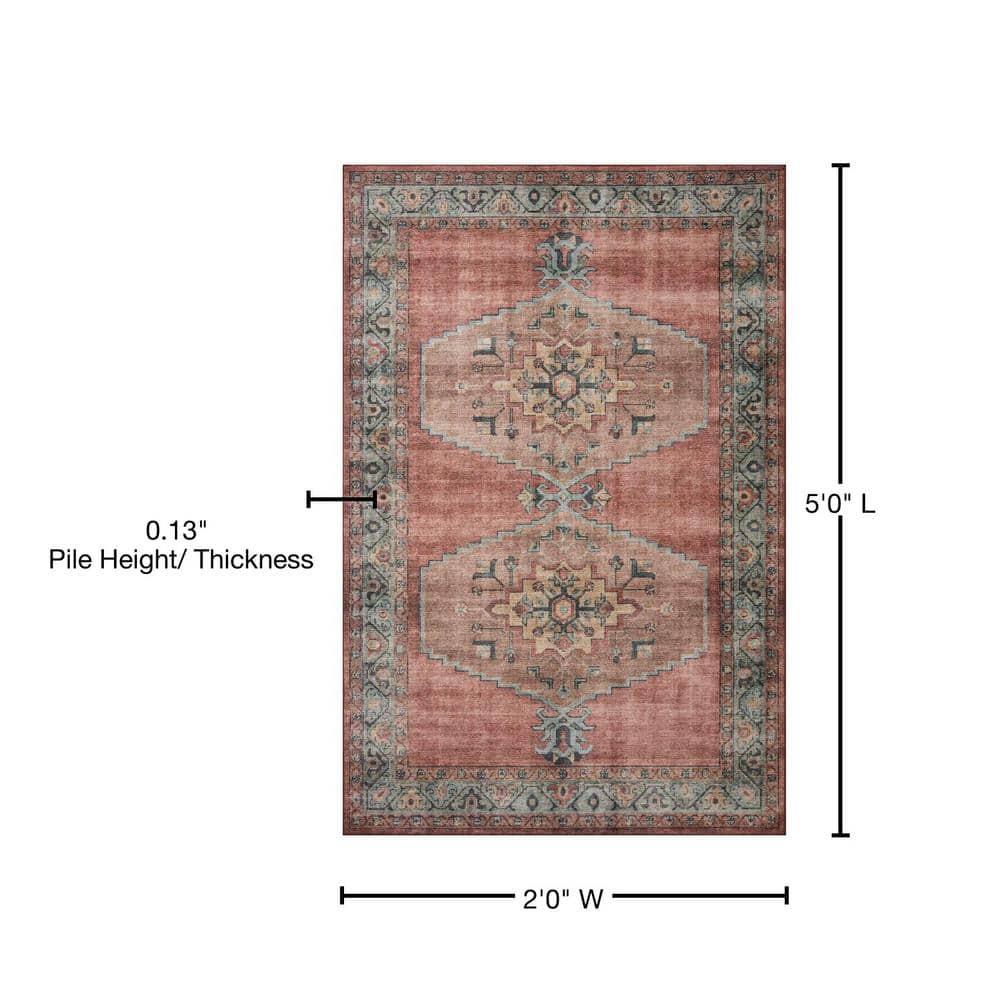 Red and Aqua Medallion Synthetic Rectangular Rug, 2' x 5'