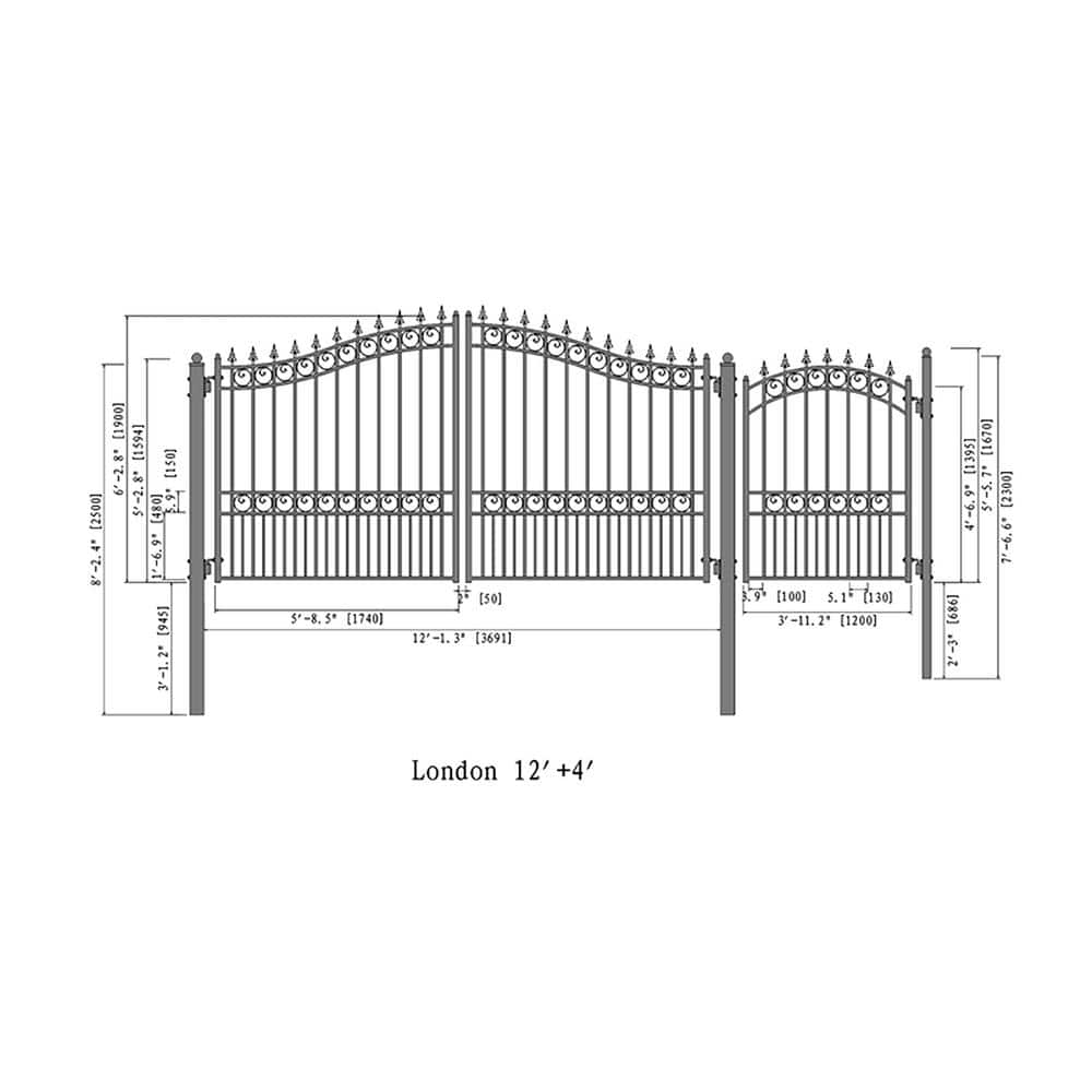 Black Steel Dual Driveway Gate with Pedestrian Gate