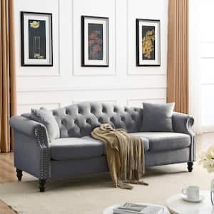 79 in Wide Rolled Arm Velvet Rectangular Sofa with Tufted Nailhead Design and 2 Pillows in Gray