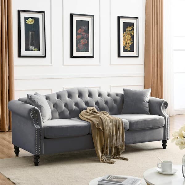 Living Room Couch Velvet Big Comfy Sofa Tufted 3 Seat 2 Pillows