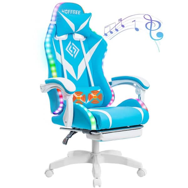 Faxu Leather Bluetooth Speakers Massage LED Reclining Ergonomic Gaming Chair in Sky Blue with Footrest