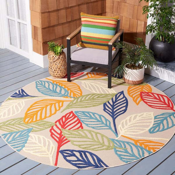 Cabana Ivory/Green 3 ft. x 3 ft. Leaf Round Indoor/Outdoor Area Rug