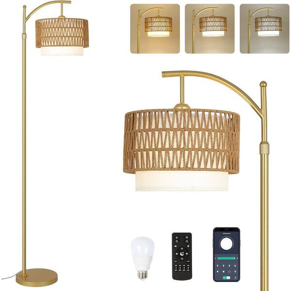 69 in. Gold Contemporary 1-Light Smart 1-Way (On/Off) Standard Floor Lamp for Living Room with Linen Drum Shade