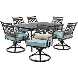 Montclair 7-Piece Steel Outdoor Dining Set with Ocean Blue Cushions Swivel Rockers and Dining Table