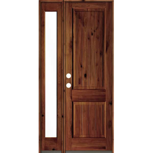 Krosswood Doors 44 in. x 96 in. Rustic Knotty Alder Right-Hand/Inswing Clear Glass Red Chestnut Stain Wood Prehung Front Door w/Sidelite