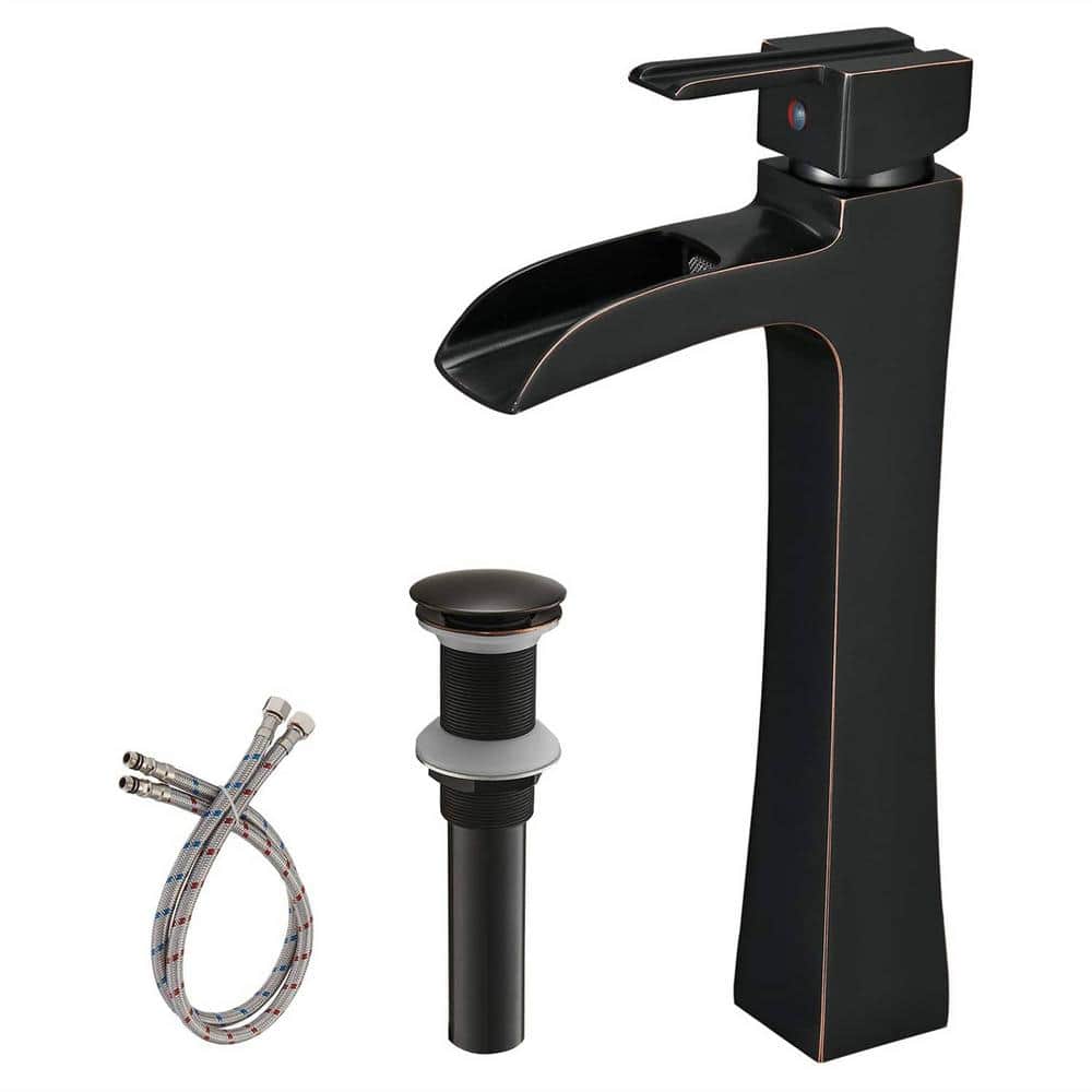 Single Handle Waterfall Bathroom Vessel Sink Faucet with Pop-Up Drain 1-Hol