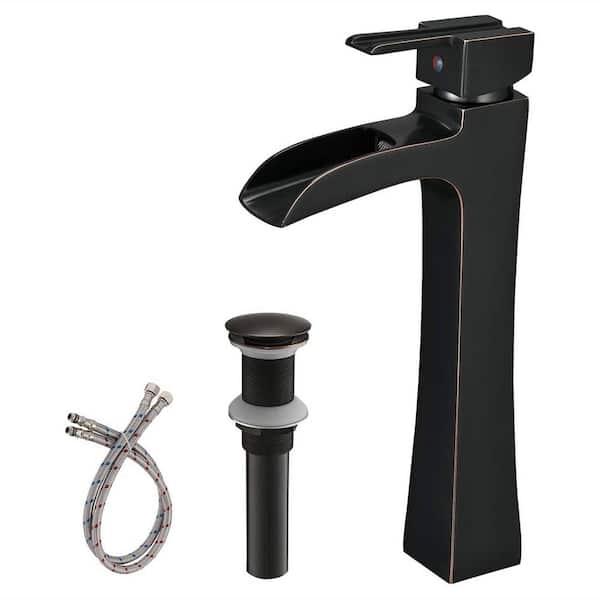Unbranded Single Handle Waterfall Bathroom Vessel Sink Faucet with Pop-Up Drain 1-Hole Tall Bathroom Faucet in Oil Rubbed Bronze