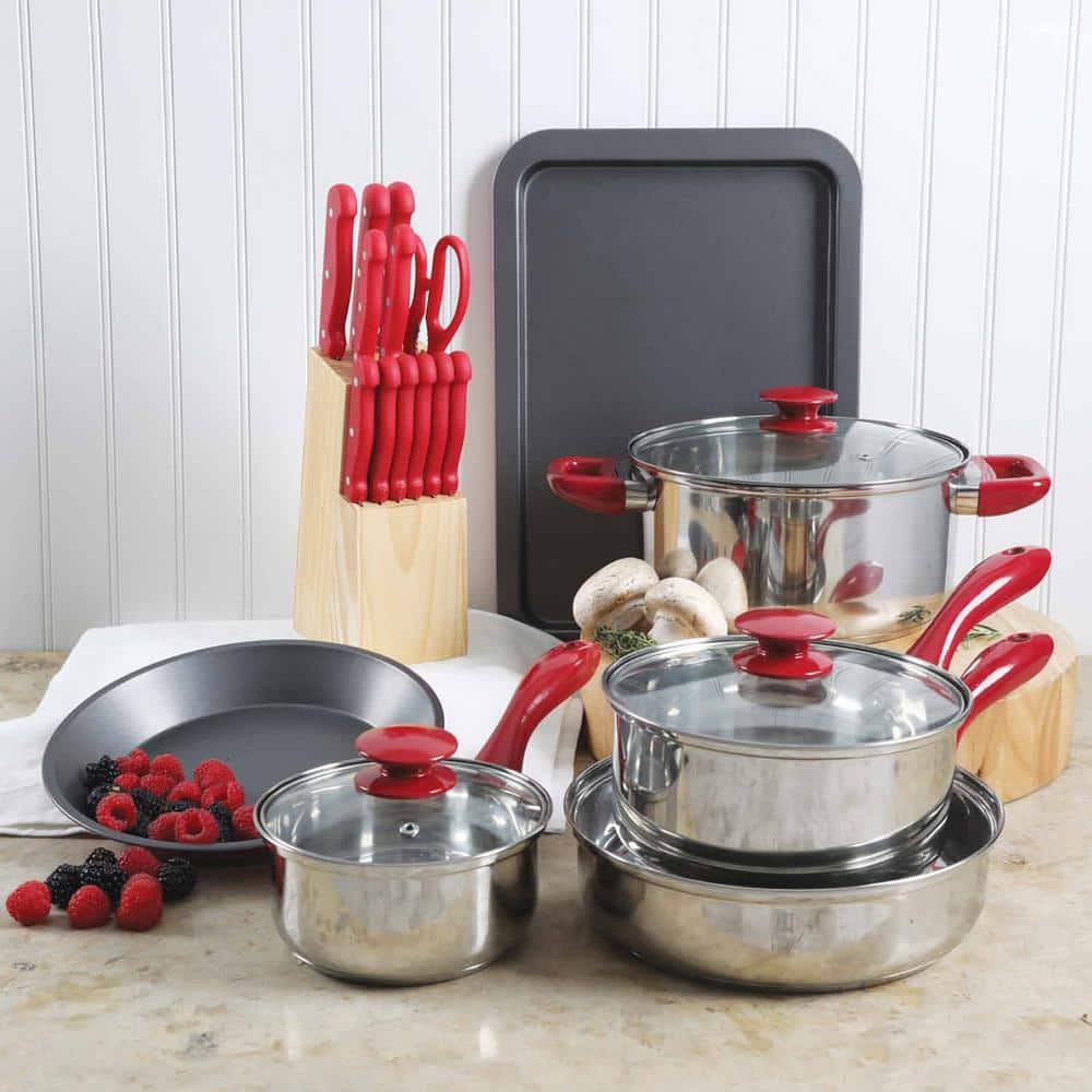 MegaChef 22-Piece Red Non-Stick Stainless Steel Cookware Set