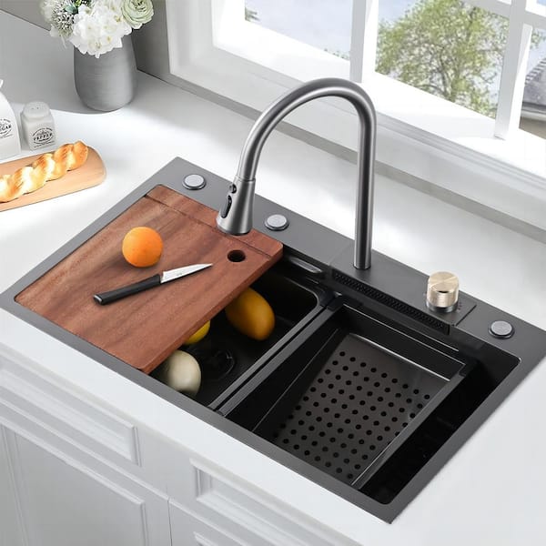 Kitchen Sink with Sink Strainer、Sink Accessories, Single Bowl Kichen Sink  with Faucet Combo, Drop-in Or Undermount Installation Black Waterfall Sink