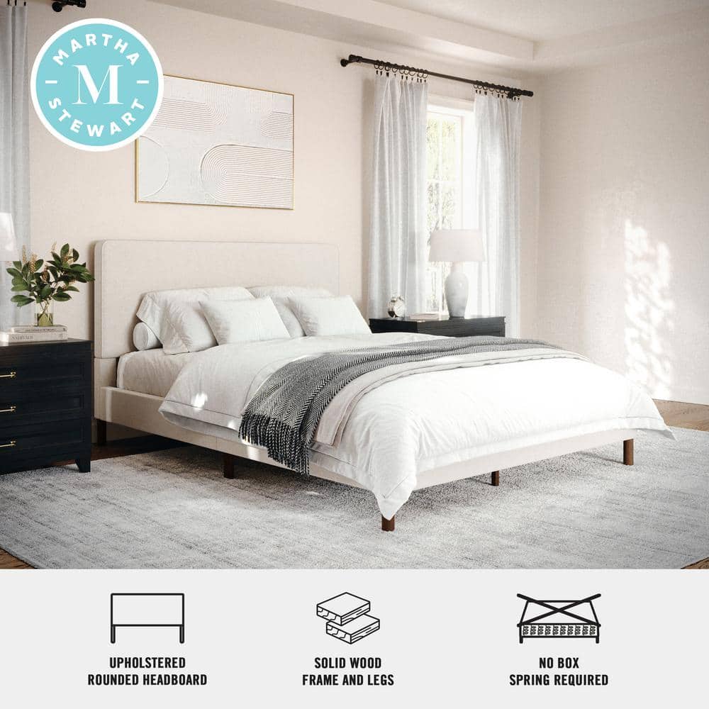 Queen Beige Linen Upholstered Platform Bed with Storage Drawer