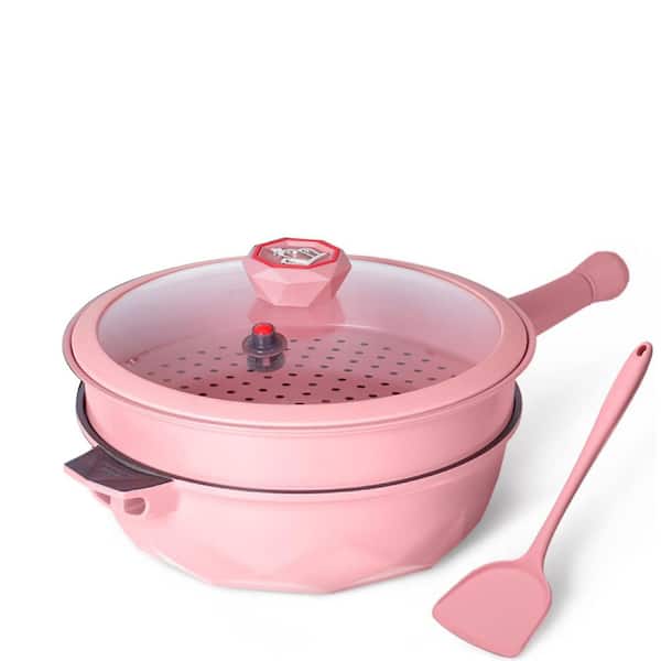 8-in-1 1-Piece 11 in. Aluminum Nonstick Deep Frying Saute Pan with Glass Lid Heat Indicator Pink