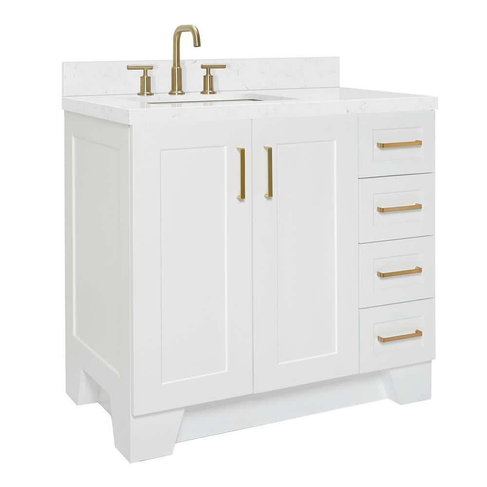 White Quartz Single Basin Freestanding Vanity with Gold Hardware