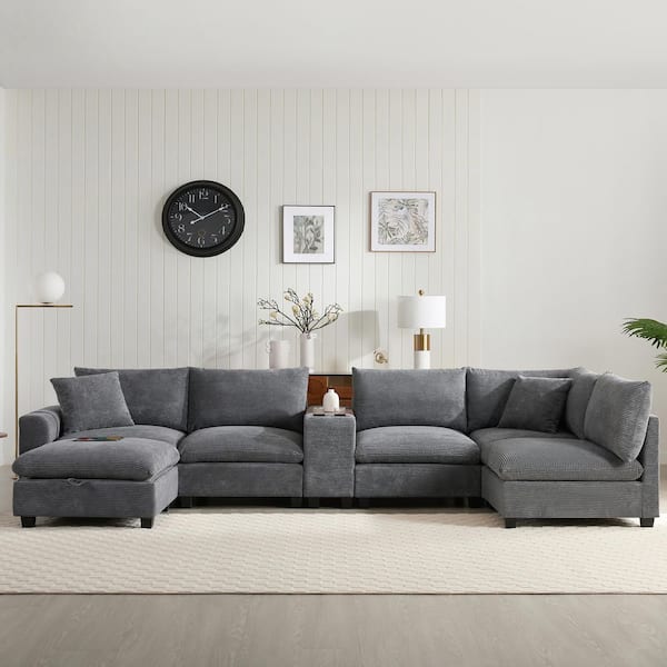 140 in. U Shaped Chenille 6 Seat Sectional Sofa in Gray with Movable Storage Ottoman, Cup Holder, USB Charger