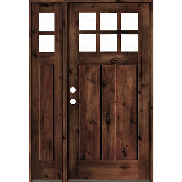Krosswood Doors 50 in. x 80 in. Craftsman Alder 2 Panel Right-Hand 6Lite Clear Glass Red Mahogany Wood Prehung Front Door /Left Sidelite