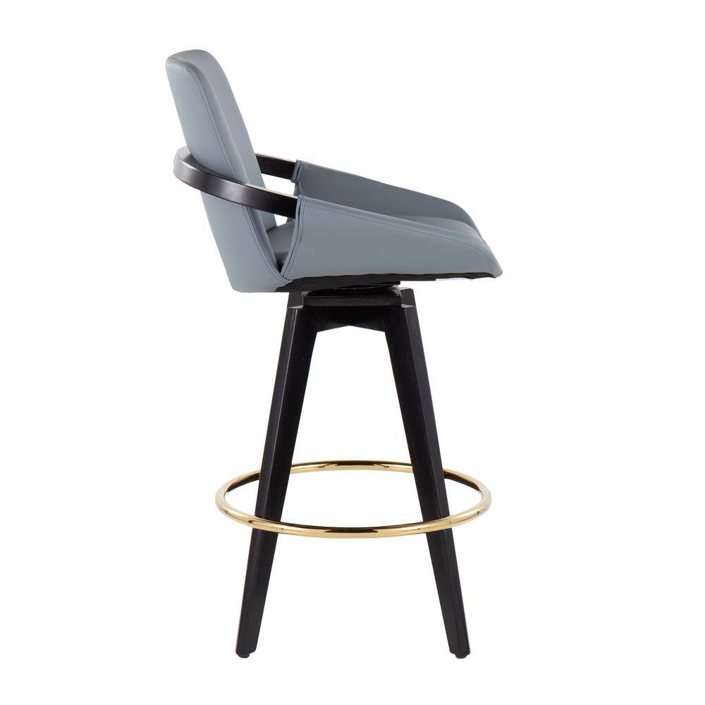 Set of 2 Black and Gray Faux Leather Swivel Barstools with Gold Footrest