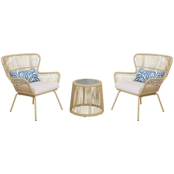 ULAX FURNITURE 3-Piece Wicker Outdoor Bistro Set with Blue Sunbrella Pillows and White Cushions