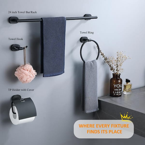 5-Piece Bath Hardware Set in Matte Black with Towel Ring Toilet Paper Holder Towel Hook and 24 in. Towel Bar
