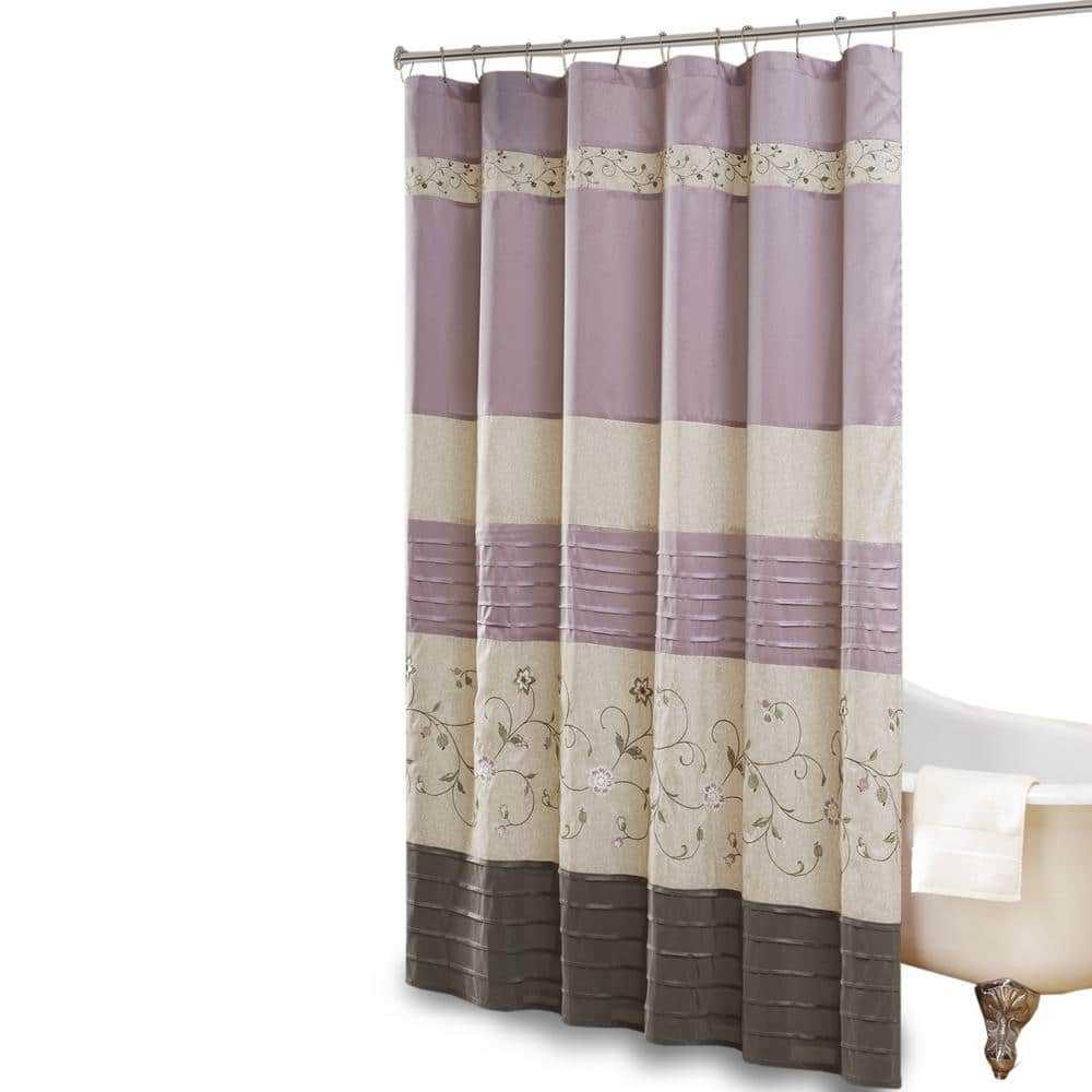 Purple Faux Silk Embroidered Floral Shower Curtain