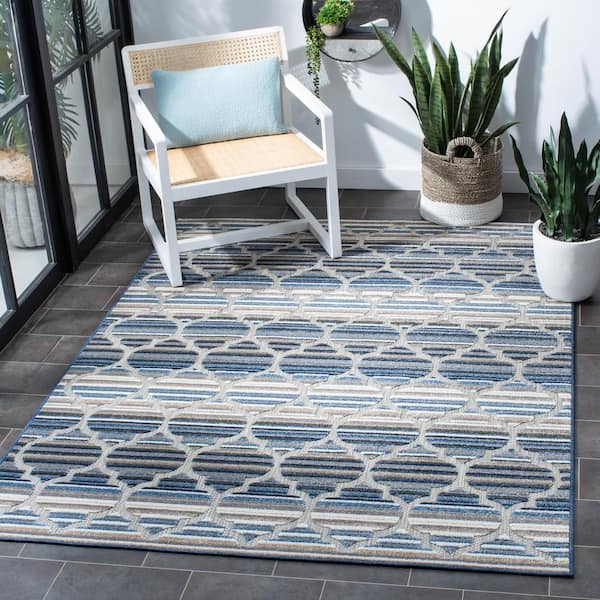Cabana Blue/Gray 9 ft. x 12 ft. Striped Trellis Indoor/Outdoor Patio  Area Rug