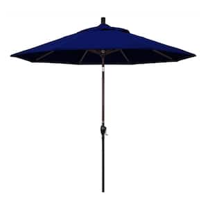 9 ft. Bronze Aluminum Market Push Button Tilt Crank Lift Patio Umbrella in True Blue Sunbrella
