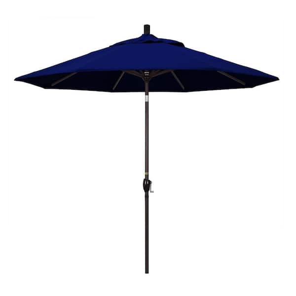 California Umbrella 9 ft. Bronze Aluminum Market Push Button Tilt Crank Lift Patio Umbrella in True Blue Sunbrella