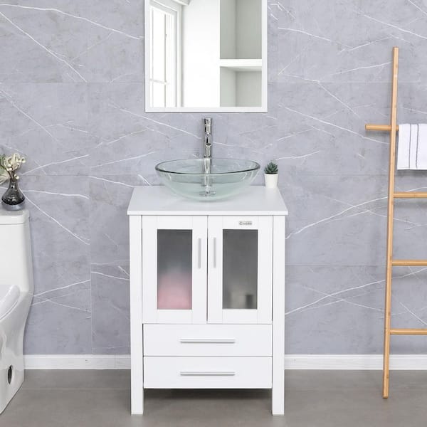 eclife 24 in. W x 20 in. D x 32 in. H Single Sink Bath Vanity in White with Clear Glass Vessel Sink Top Chrome Faucet