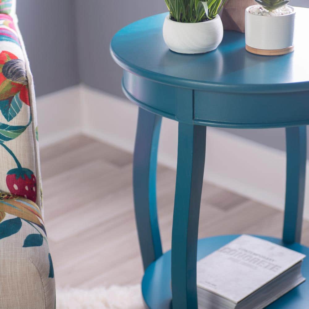 Teal Round Wood End Table with Shelf and Cabriole Legs