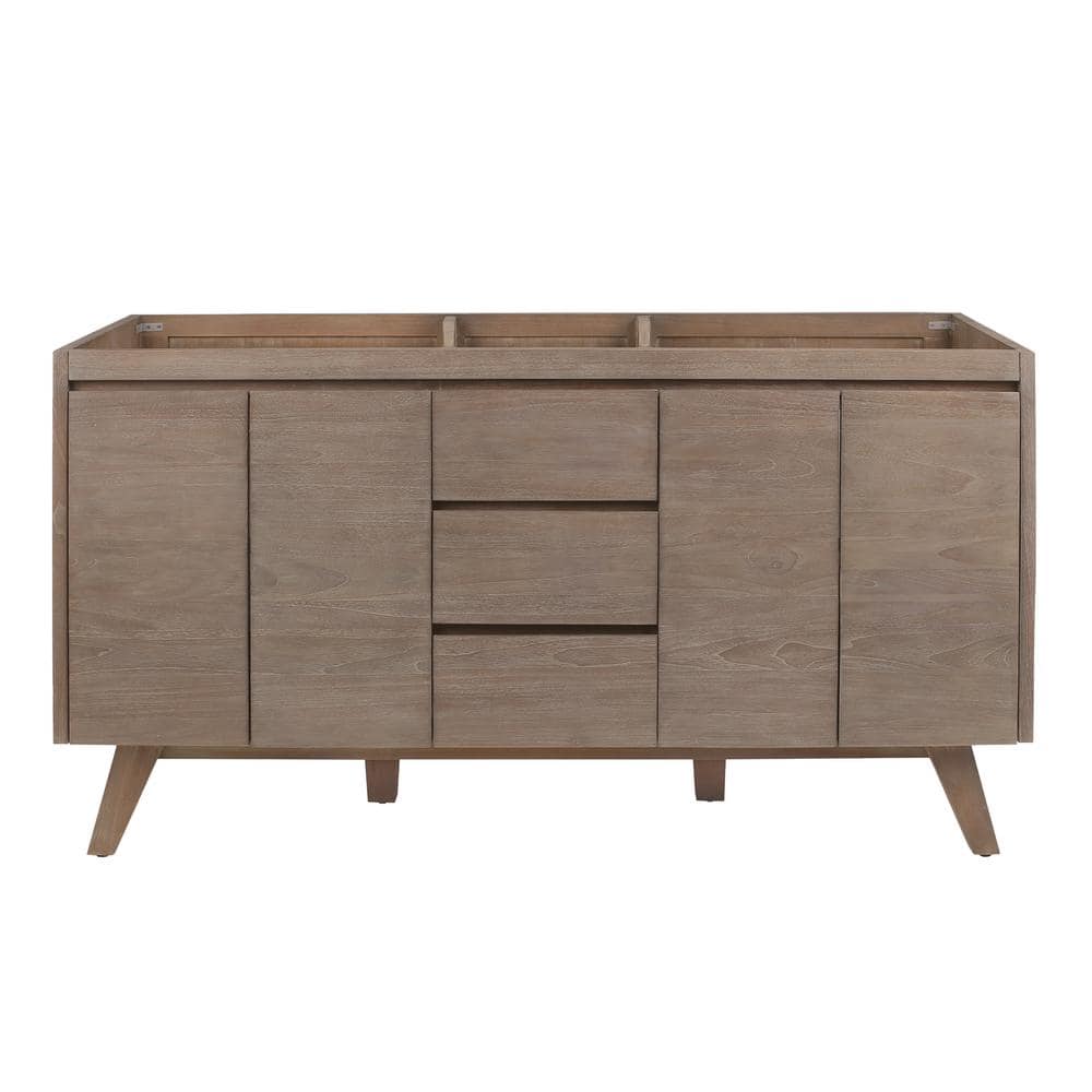 60-Inch Gray Teak Double Freestanding Vanity with Solid Wood Cabinet