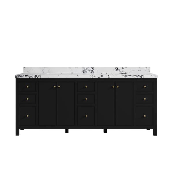 Willow Collections Chicago 84 in. W x 22 in. D x 36 in. H Double Sink Bath Vanity in Black 2 in. Viola Night Qt. Top