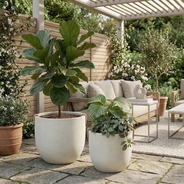 Round Concrete Planter Set of 2, Large Outdoor Indoor Handmade Rustic Decorative Planter Pots with Drainage Holes