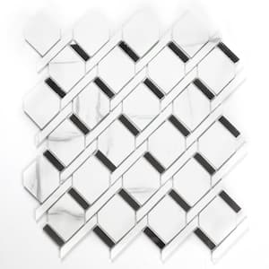 Art Deco Carrara White Diamond Ring Mosaic 13.84 in. x 13.85 in. Marble Look Glass Wall Tile (10 Sq. Ft./Case)