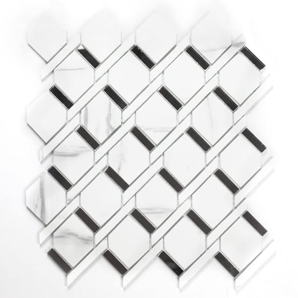 ABOLOS Art Deco Carrara White Diamond Ring Mosaic 13.84 in. x 13.85 in. Marble Look Glass Wall Tile (10 Sq. Ft./Case)