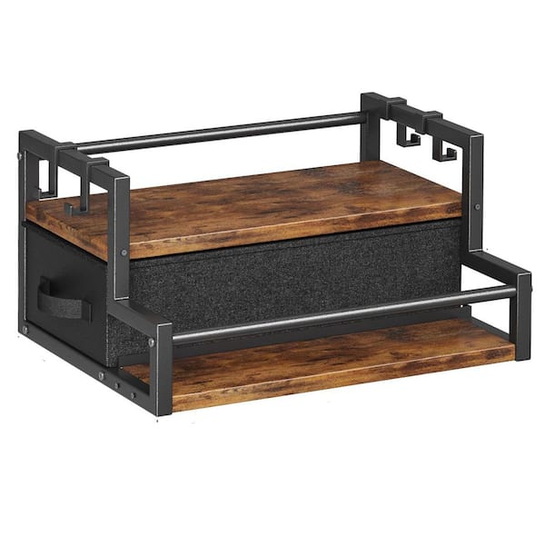 Rustic Brown Metal Coffee Syrup Organizer 2-Tier Bottle Holder with Storage Drawer Kitchen Shelf Rack