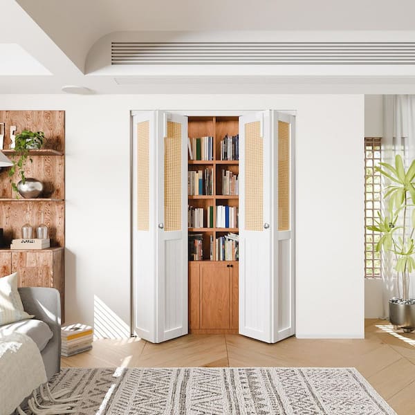 60 in. x 80 in. Half Cane Webbing & Wood Half Solid Core White PVC Covering MDF Bi-fold Door with Locks and Handles